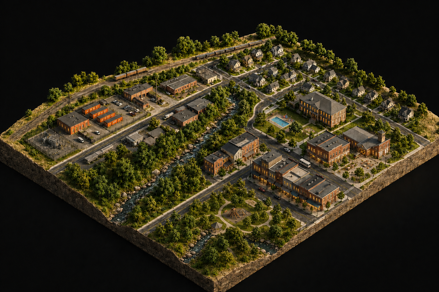 Concept illustration of a town with a compact compute facility, civic buildings, shops and green space.